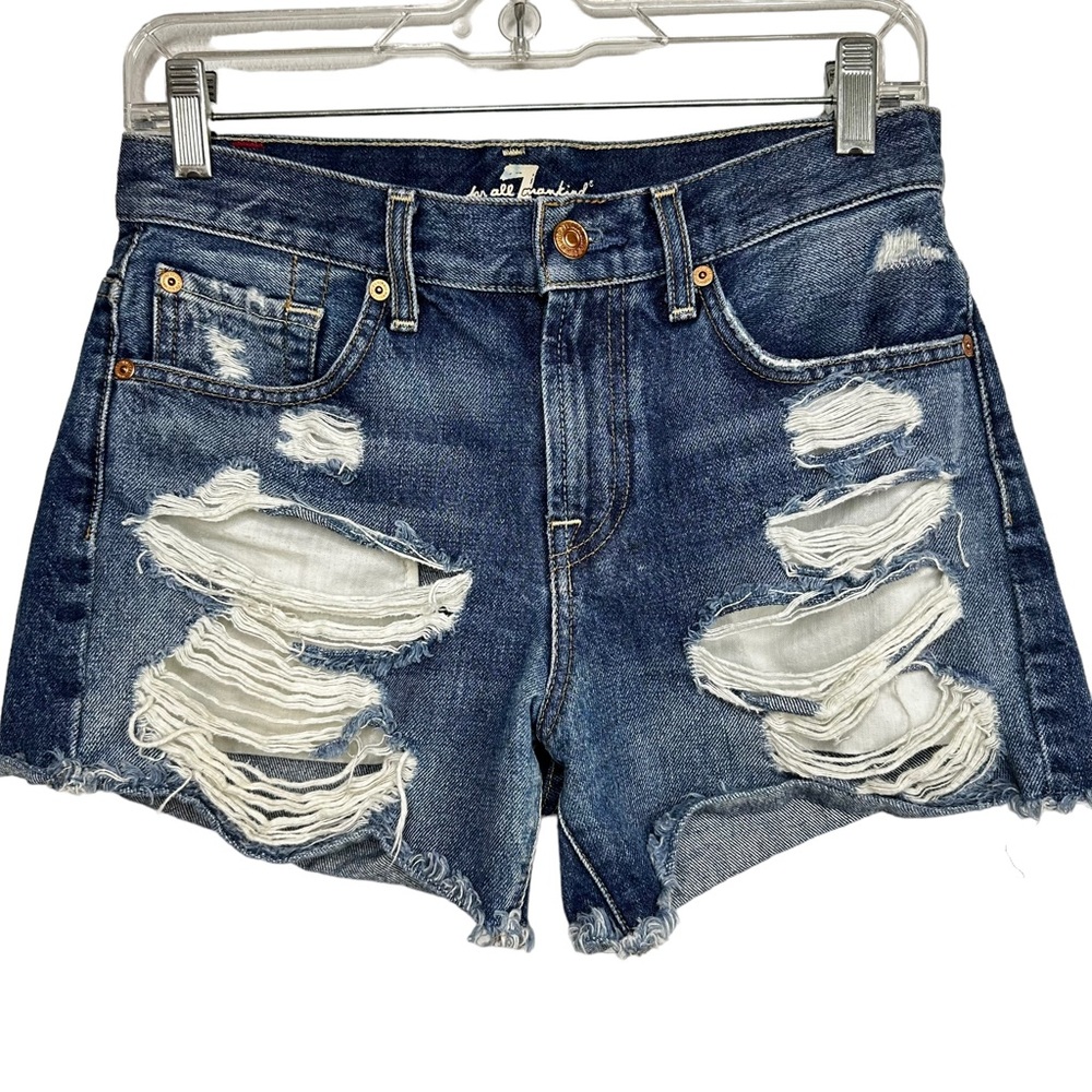 7 For All Mankind Destroyed High Rise Jean Shorts Sz 25 Frayed Hems Distressed